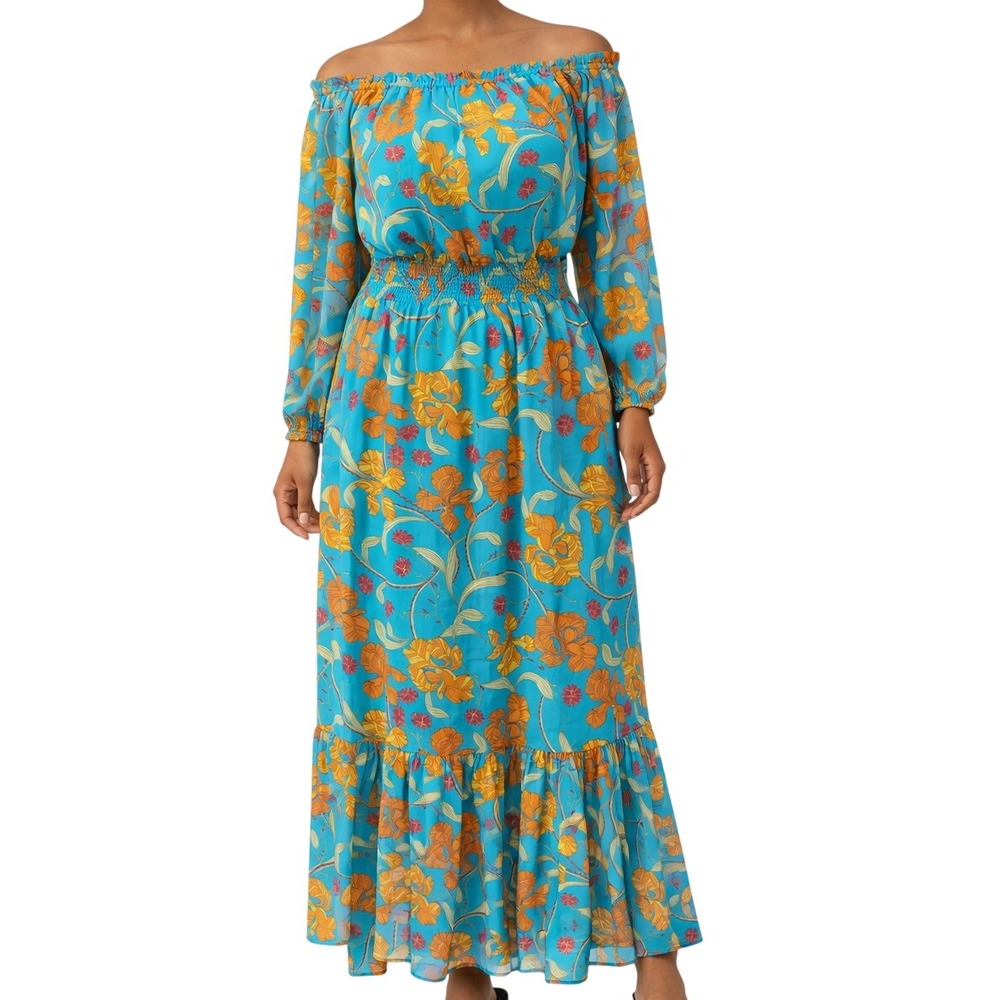 Sofia Jeans by Sofia Vergara Turquoise Floral Off Shoulder Maxi Dress XS NWT